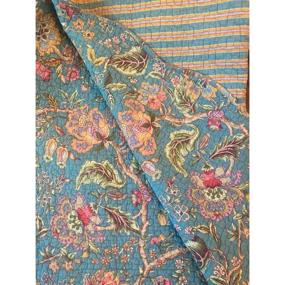 Quilted King Size Bedspread Reversible Floral & Striped Bright Teal Yellow and P - Picture 1 of 6